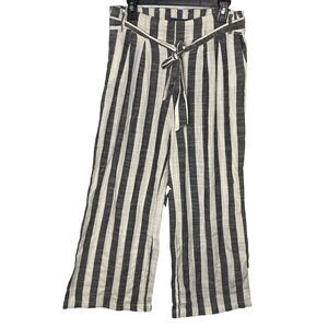 INDIGO RISING Pants Linen Striped Pleated Wide Leg Smocked Waist Womens L Black